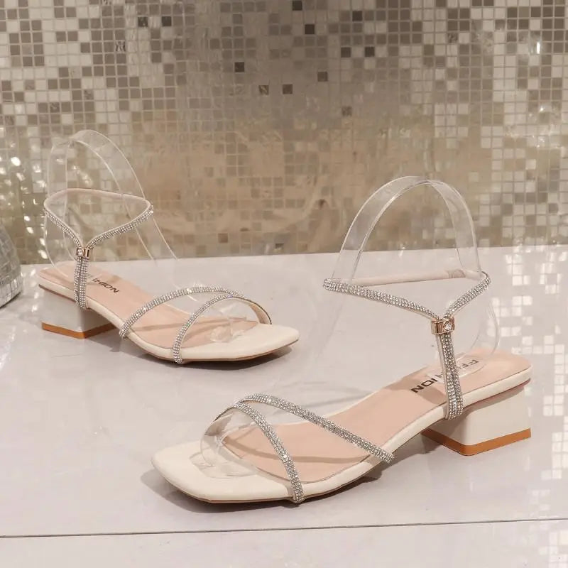 Elegant Square Toe Medium Heel Woman's Sandals Women Summer 2026 Luxury Rhinestore Strap Sandals Plus Size Woman Designer Shoes