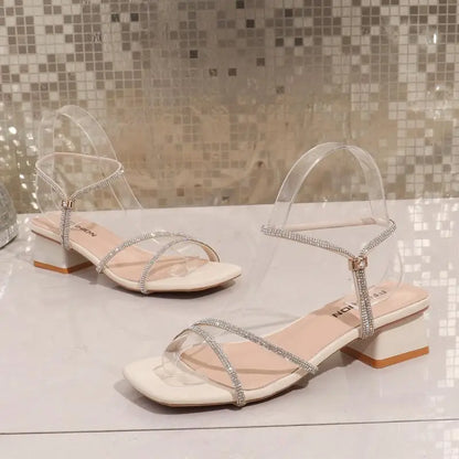 Elegant Square Toe Medium Heel Woman's Sandals Women Summer 2026 Luxury Rhinestore Strap Sandals Plus Size Woman Designer Shoes