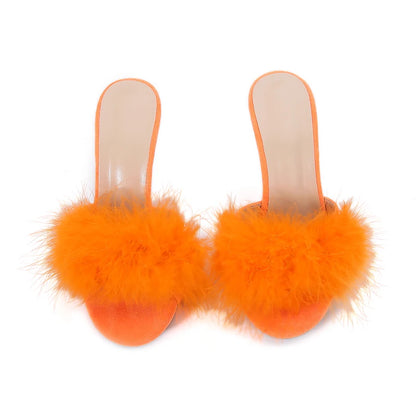 10CM Thin High Heel Summer Furry Slippers For Ladies Mules Fashion Fluffy Fur Slides Sandals 2025 New Brand Women's Party Shoes
