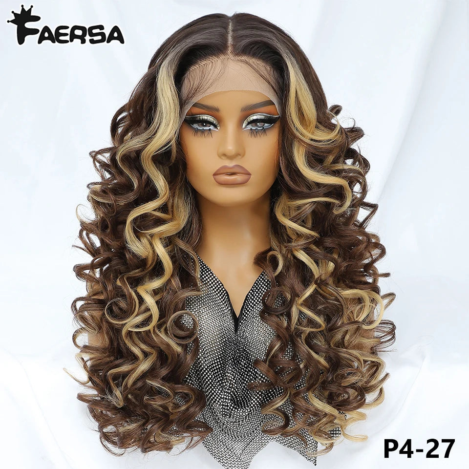 Latisha 13X6 HD 13X5X1 Synthetic Lace Front Wigs Curly Pre Plucked Lace Frontal Wig with Bangs for Women Highlight with Babyhair
