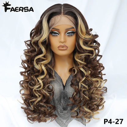Latisha 13X6 HD 13X5X1 Synthetic Lace Front Wigs Curly Pre Plucked Lace Frontal Wig with Bangs for Women Highlight with Babyhair