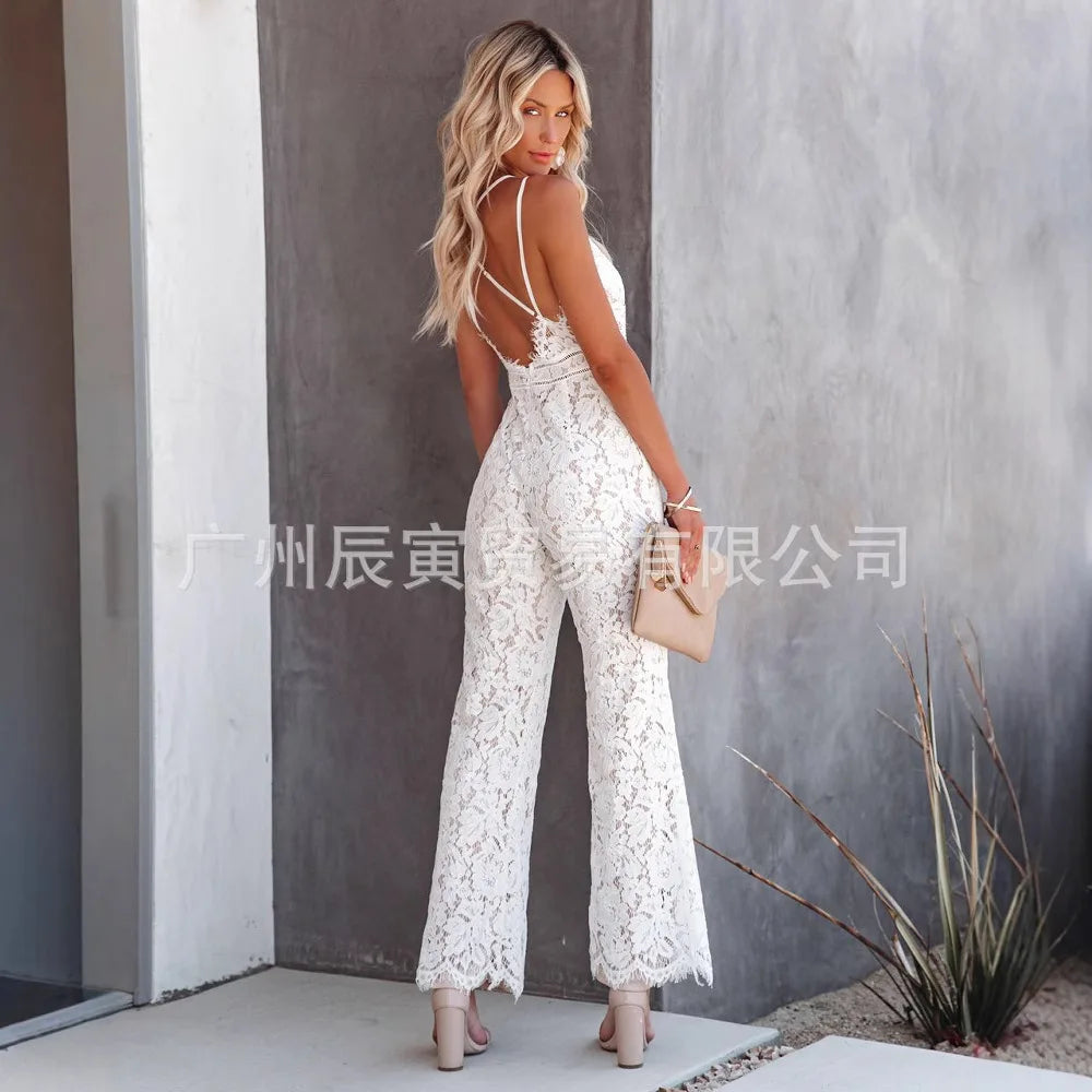 Ladies Elegant Jumpsuits Spaghetti Straps V-Neck Solid Lace Backless Sexy Jumpsuit For Women Simple White Slim Office Rompers