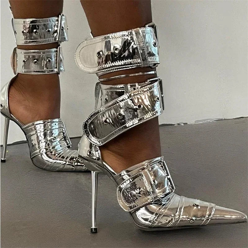 New Women Denim Metal Rivet Buckle Sandals Women Sexy Punk Style Pointed Hollow Metal 11cm High Heel Knee High Boots Size34-43