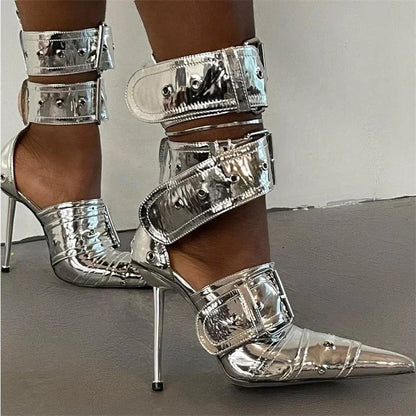 New Women Denim Metal Rivet Buckle Sandals Women Sexy Punk Style Pointed Hollow Metal 11cm High Heel Knee High Boots Size34-43