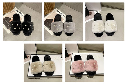 Perle Fluffy Slippers Home Winter Casual Designer Shoes Women 2025 New Luxury Indoor Plush Slides Girls Fashion Elegant Footwear