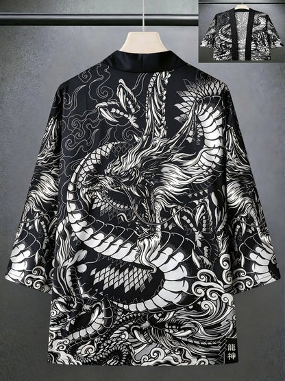 European And American men's Summer Retro Dragon Teng Print Soft And Breathable Open Top Traditional Kimono Outdoor Casual Top