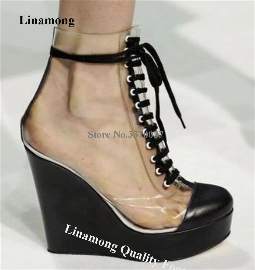 Linamong Transparent PVC Patchwork Black Matte Leather Wedge Short Boots Sexy Round Toe Lace-up High Platform Wedge Ankle Boots