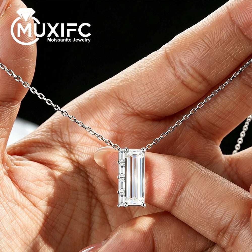 3CT Baguette Cut Moissanite Pendant Necklace for Women S925 Silver Plated 18K Lab Diamond Adjustable Chain Trendy Neck Jewelry