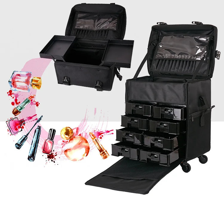 KLQDZMS Professional Cosmetic Case Female Oxford Cloth Beauty Manicure Toolkit Large Capacity Trolley With Wheel Luggage Bag