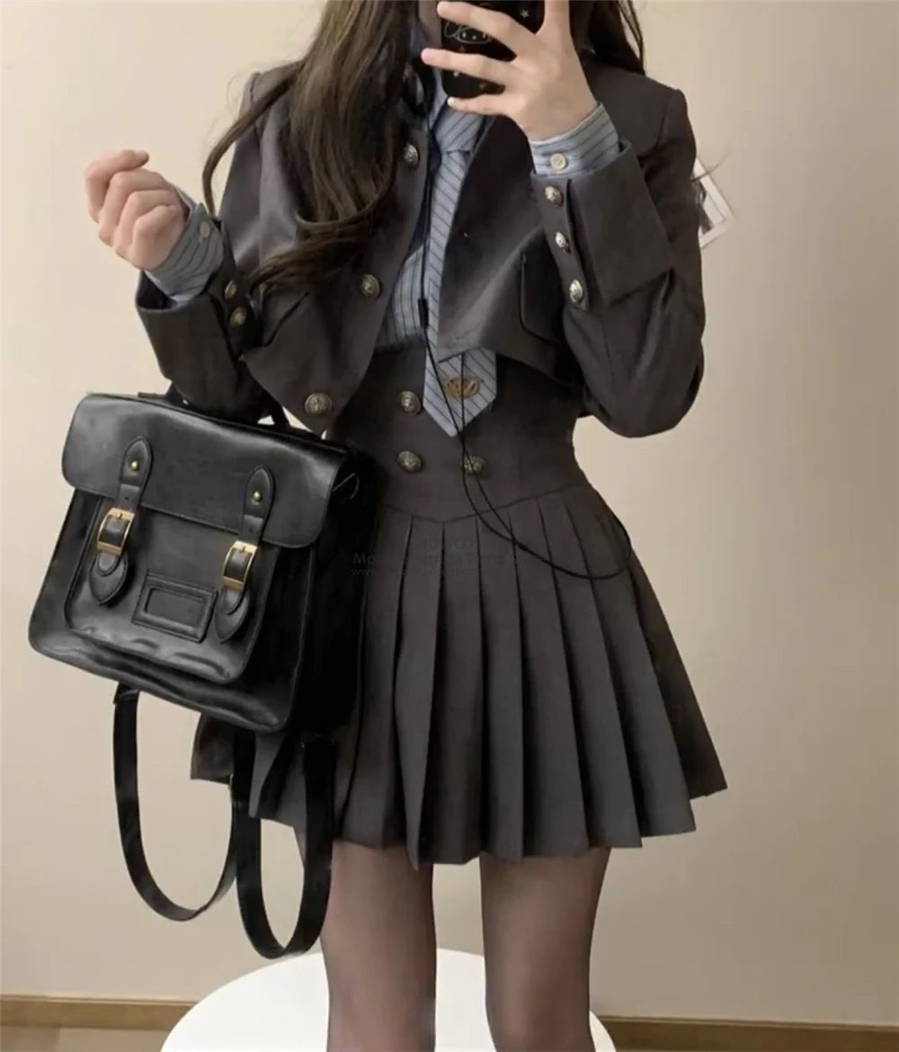 Spring 2025 Preppy Style American Uniform Set Girls Short Suit Coat Long Sleeve Striped Shirt Slim High Waist Pleated Skirt Grey