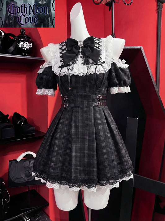 Summer Japanese Dark Goth Academy Style Dress Women's Bow Lace Off Shoulder Plaid Dress Y2K Harajuku Jirai Kei Dress Yami Kawaii