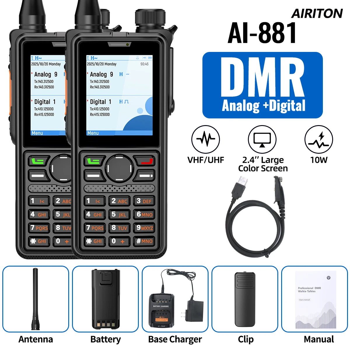 AIRITON AI-881 DMR Walkie Talkie IP67 Waterproof 10W High Power Dual Time Slot Large Color Screen New AR-880 VOX Two Way Radio