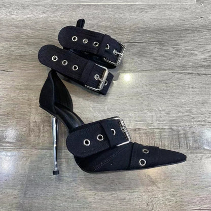 New Women Denim Metal Rivet Buckle Sandals Women Sexy Punk Style Pointed Hollow Metal 11cm High Heel Knee High Boots Size34-43