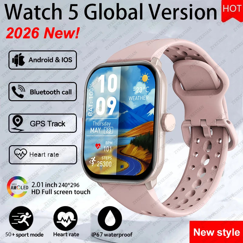 New Watch 5 Sports Smart Watch Men Women 2.01" AMOLED Screen Fitness Tracker Heart Rate ECG Waterproof GPS Track Call Smartwatch