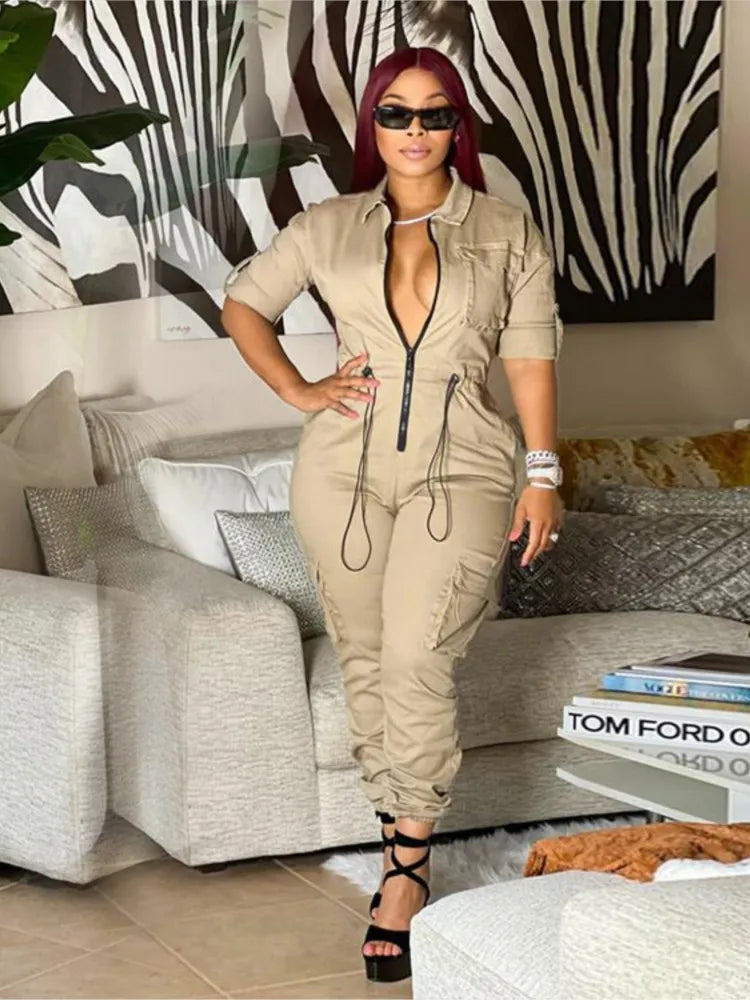 Women's Cargo Style Sexy Jumpsuits Front Zipper Slim Female Sexy Street Party 2025 Summer New Fashion One Piece Suit Long Romper