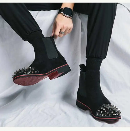 New Brown Men Chelsea Boots Flock Rivet Square Toe Red Sole Punk Handmade Men Short Boots  Bottes Pour Hommes