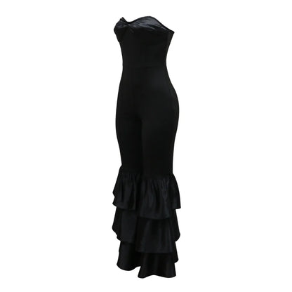 Jumpsuits Strapless Women Sleeveless Sexy Rompers One Piece Overalls Slim Fit Long Pant Ruffles Patchwork Elegant Lady