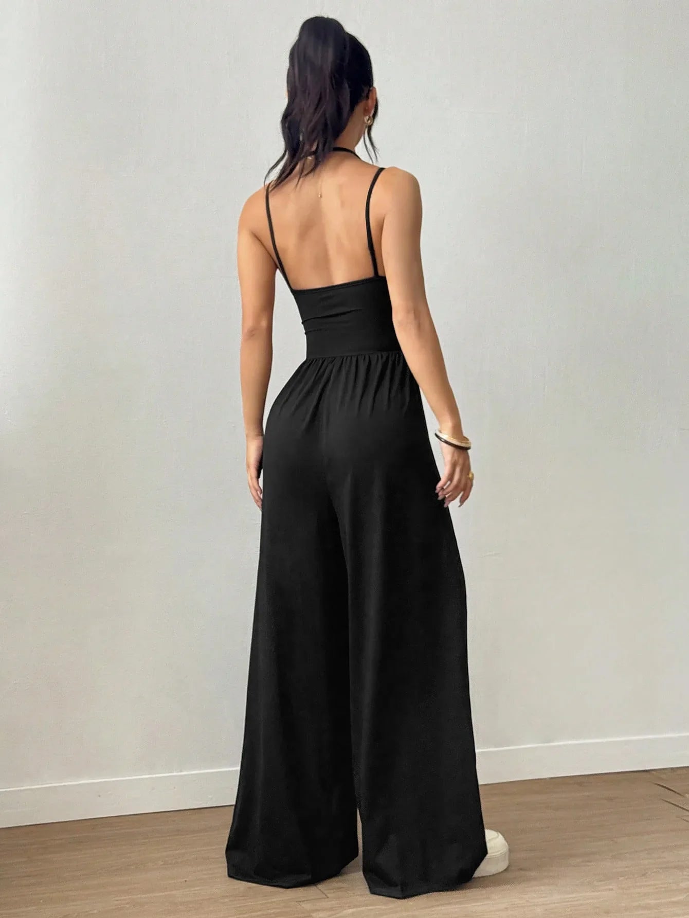 Women Halter Spaghetti Strap Jumpsuits Summer Casual Elastic High Waist Backless Wide Leg Long Pants Romper Club Party Overalls