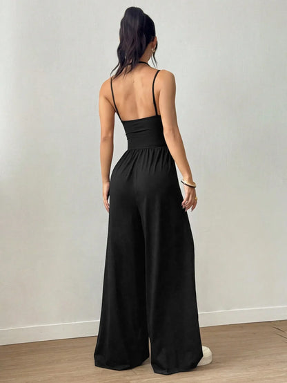 Women Halter Spaghetti Strap Jumpsuits Summer Casual Elastic High Waist Backless Wide Leg Long Pants Romper Club Party Overalls