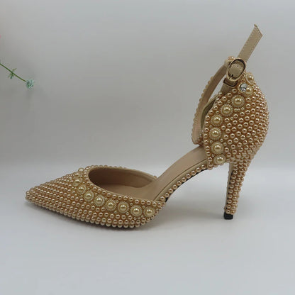 Champagne Pearl Wedding Bridal Shoes Woman Fashion Thin Heel Party Dress Shoe Lace-up Pointed Toe High Handmade Ankle Strap Shoe