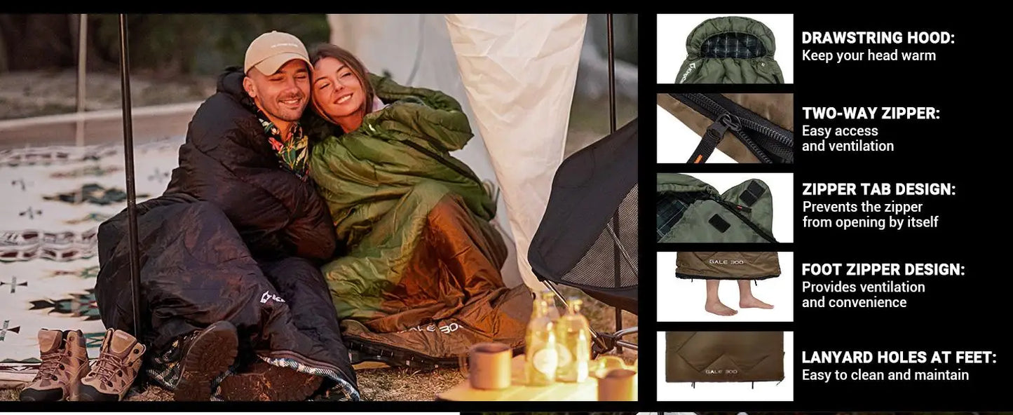 KingCamp Sleeping Bag for Adults, Cold Weather XL Big & Tall (74.8"x33.1" Fits 6.6ft), Cotton Flannel Lining & 300g/㎡ Hollow Fiber Fill (Comfort 44.6°F), Lightweight with Compression Sack, 2-Way Zipper for Couples, Outdoor