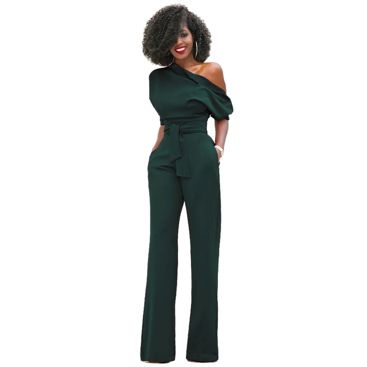 2024 Summer New Fashion Women's Jumpsuit Solid Color Slanted Shoulder Elegant Temperament Sleeveless Long Wide Leg Jumpsuit
