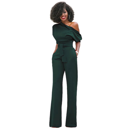 2024 Summer New Fashion Women's Jumpsuit Solid Color Slanted Shoulder Elegant Temperament Sleeveless Long Wide Leg Jumpsuit