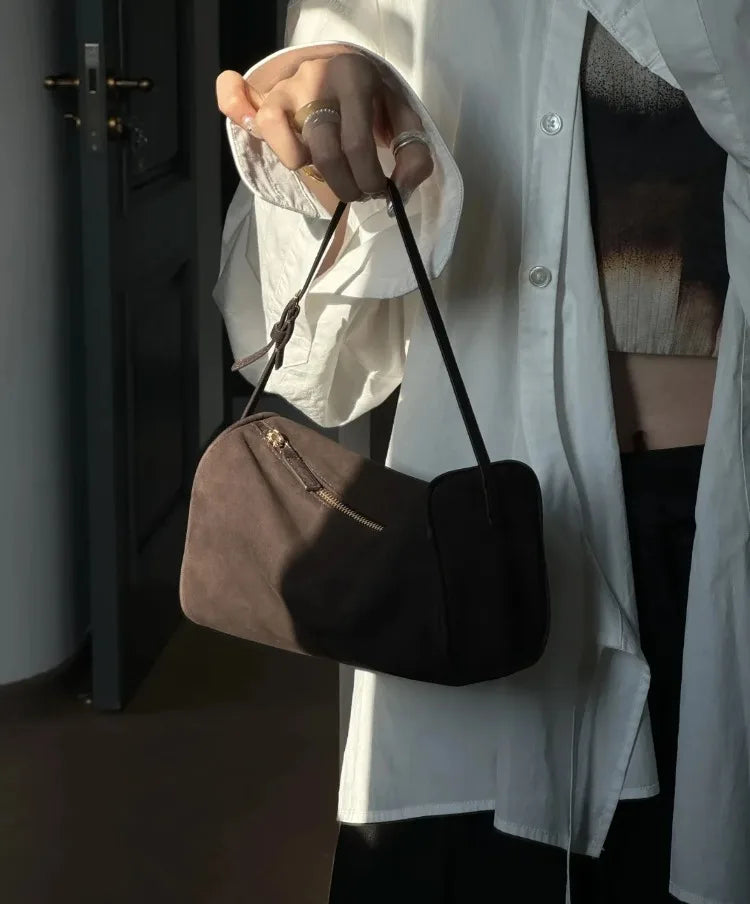 2025 New Luxury 90s Pen Holder Bag Genuine Soft Cowhide & Suede Mini Crossbody Bag Hand-Carry Vintage Shoulder Purse for Women
