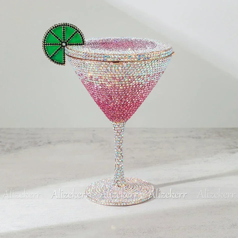 Alizekerr Cocktail Glass Shaped Rhinestone Evening Bags Luxury Designer Gorgeous Crystal Metal Purses And Handbags Wedding Party