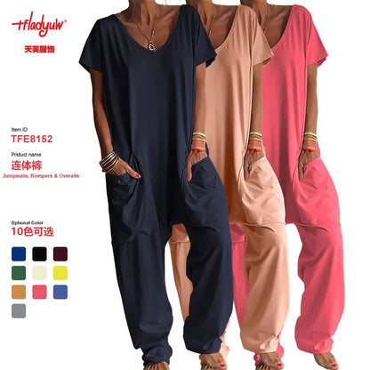Women Summer Solid V Neck Jumpsuit European Hot Oversized Pockets Low Crotch Loose Rompers Ladies Casual Daily Outfit
