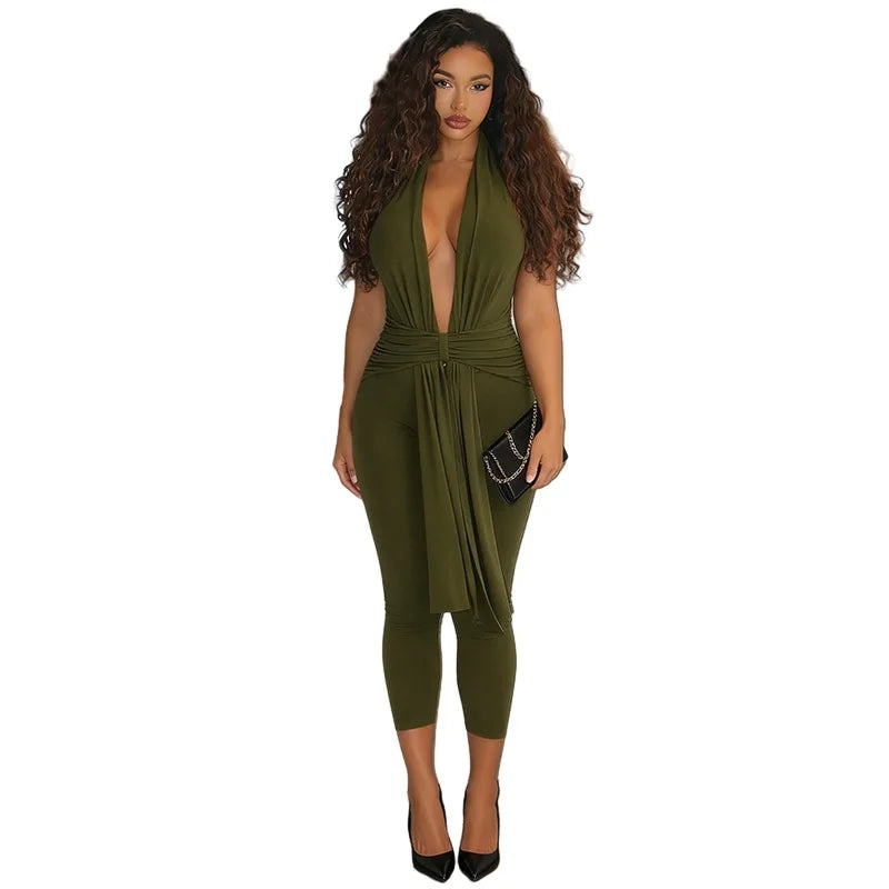 Women Solid Halter Jumpsuit, Deep V Neck Sash Tie Draped Bodycon Capri Jumpsuits, Slim Rompers for Night Club Party