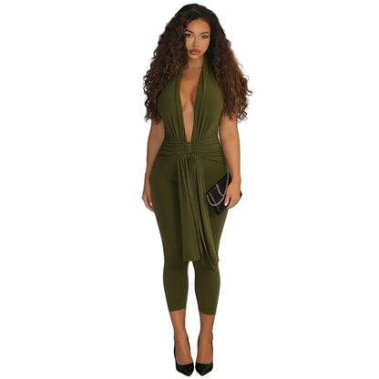 Women Solid Halter Jumpsuit, Deep V Neck Sash Tie Draped Bodycon Capri Jumpsuits, Slim Rompers for Night Club Party