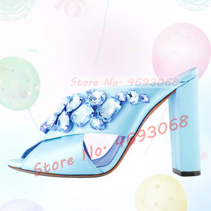 Gems Silk Chunky High Heels Slippers Women Luxury Cross Strap Rhinestone Mules Ladies Stylish Summer Bling Open Toe Party Shoes