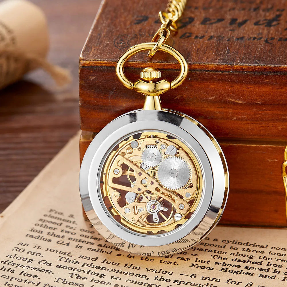 Vintage Transparent Hollow Women Men Skeleton Mechanical Pocket Watch Hand Winding With Waist Belts Chains Gift Watches Clock