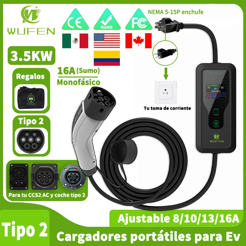 WUFEN Portable Type 2 Charger 110V US NEMA 5-15P Plug Max 3.5kw Type2 EV Charger 16A 1Phase Charging Plug For IEC 62196 Vehicle