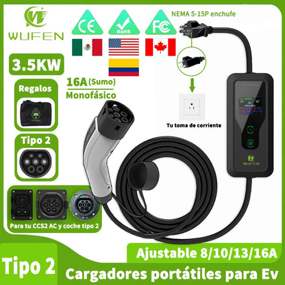 WUFEN Portable Type 2 Charger 110V US NEMA 5-15P Plug Max 3.5kw Type2 EV Charger 16A 1Phase Charging Plug For IEC 62196 Vehicle