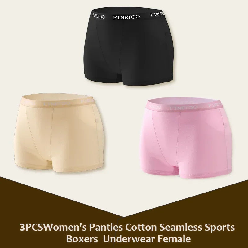 3Pcs Women's Cotton Boxers Panties Seamless Sports Underwear Female Solid Color Briefs Lingerie Intimate Underpant Finetoo S-XXL