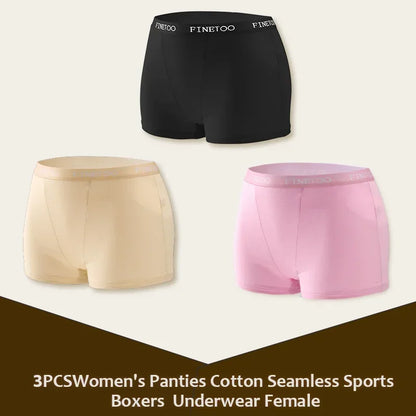 3Pcs Women's Cotton Boxers Panties Seamless Sports Underwear Female Solid Color Briefs Lingerie Intimate Underpant Finetoo S-XXL