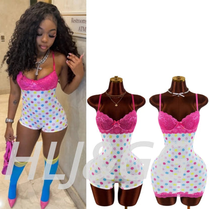 HLJ&GG Sexy Polka Dot Print Lace Splicing Bodycon One Piece Rompers Women Spaghetti Strap Sleeveless Backless Jumpsuits Street