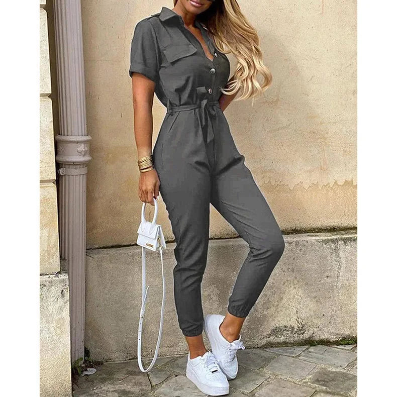 2025 New Women's Jumpsuit Casual Workwear Summer Romper with Print Button-up Lapel Waist Belt Slim Fit One Piece Pants Set Fashi