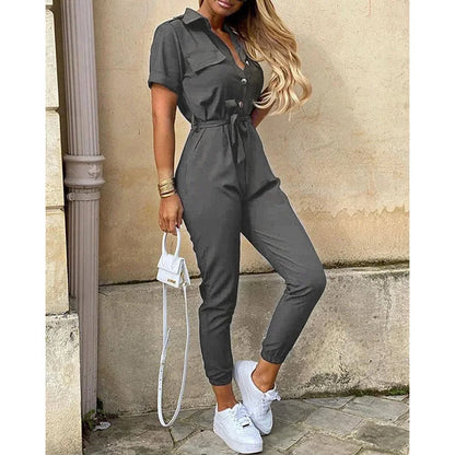 2025 New Women's Jumpsuit Casual Workwear Summer Romper with Print Button-up Lapel Waist Belt Slim Fit One Piece Pants Set Fashi