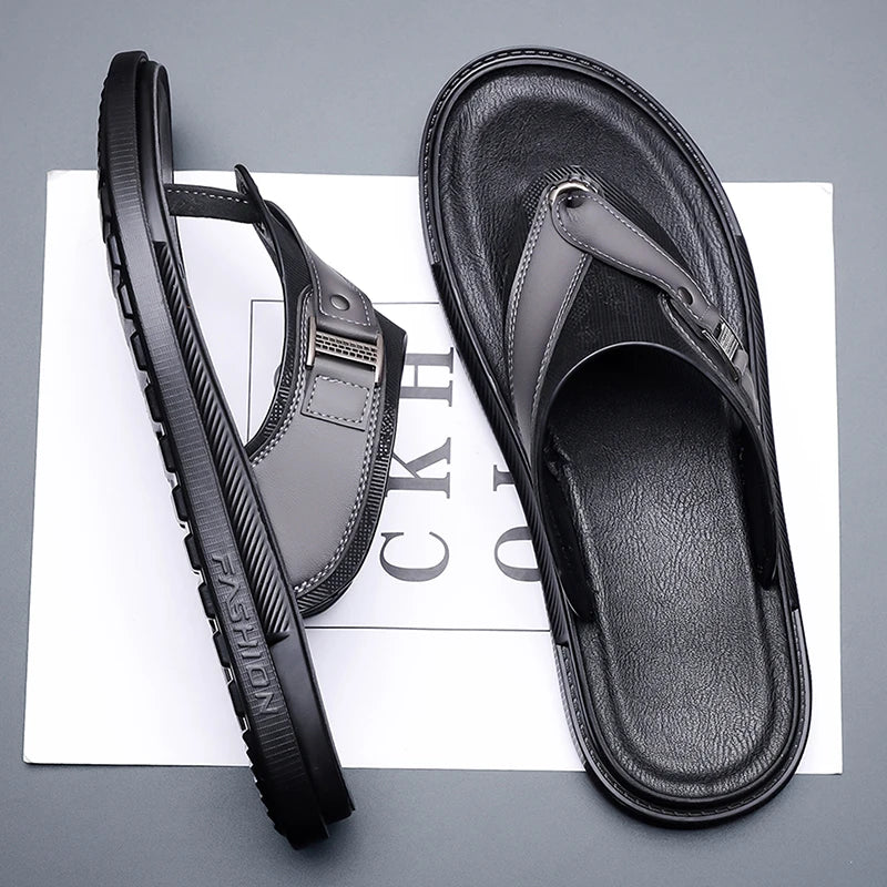 New Trend Men's Flip Flops Leather Beach Sandals Quick Dry Water Shoes Non Slip Summer Slippers Outdoor Slides Walking Sandalias
