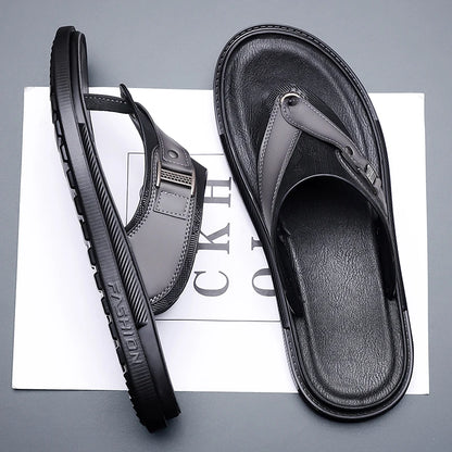 New Trend Men's Flip Flops Leather Beach Sandals Quick Dry Water Shoes Non Slip Summer Slippers Outdoor Slides Walking Sandalias