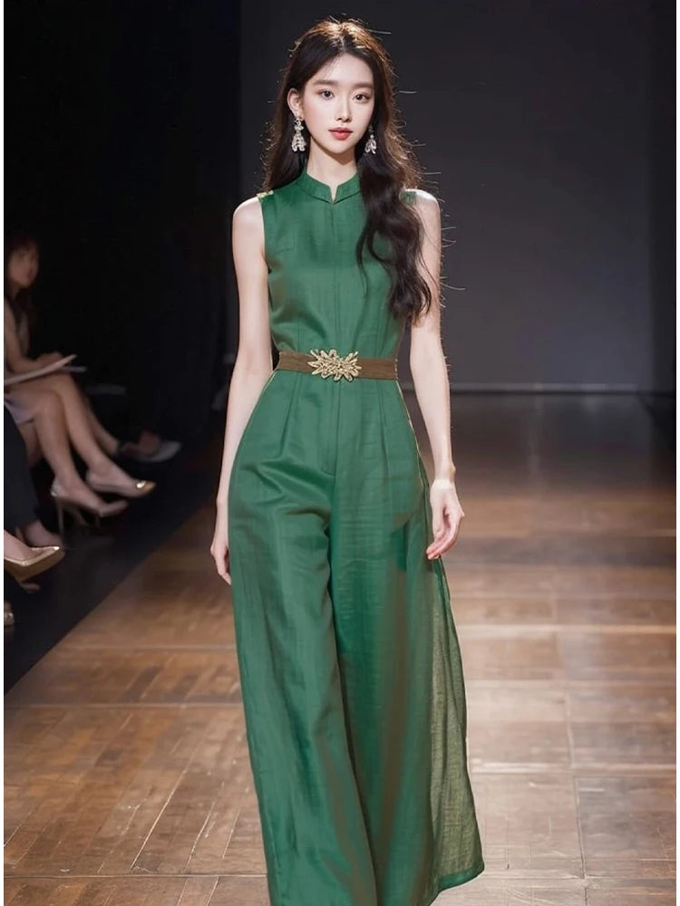 Elegant Women's O-Neck Office Ladies Romper Jumpsuit 2026 New Summer Green Sleeveless Tank High Waist Belt Wide Leg Jumpsuits