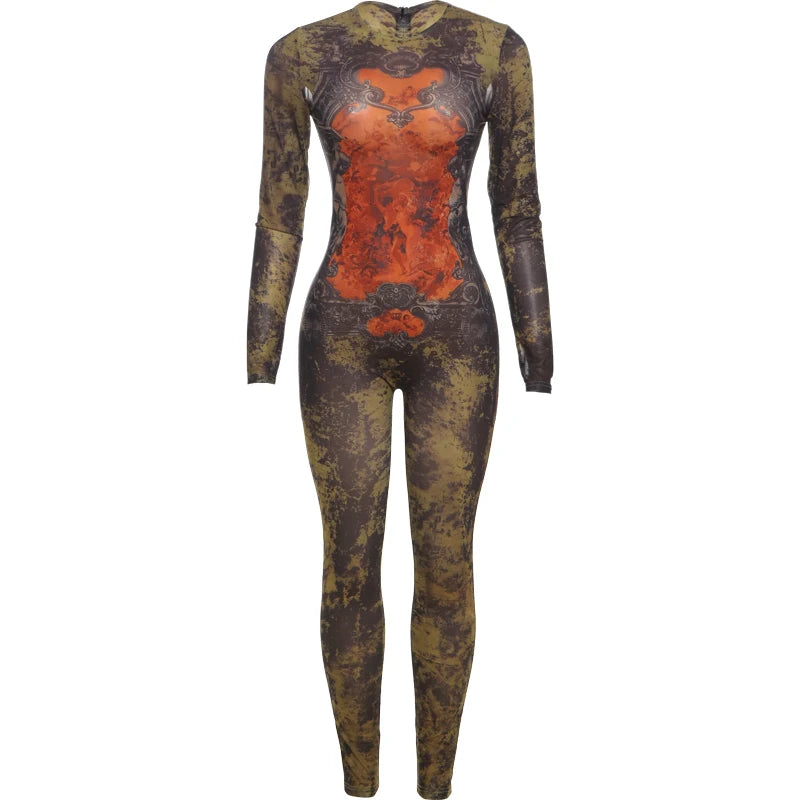Weird Puss Sexy Fitness Jumpsuit Women Tie-Dye Print O-Neck Full Sleeve Skinny Streetwear Autumn Zip Slim Stretch Tight Overalls