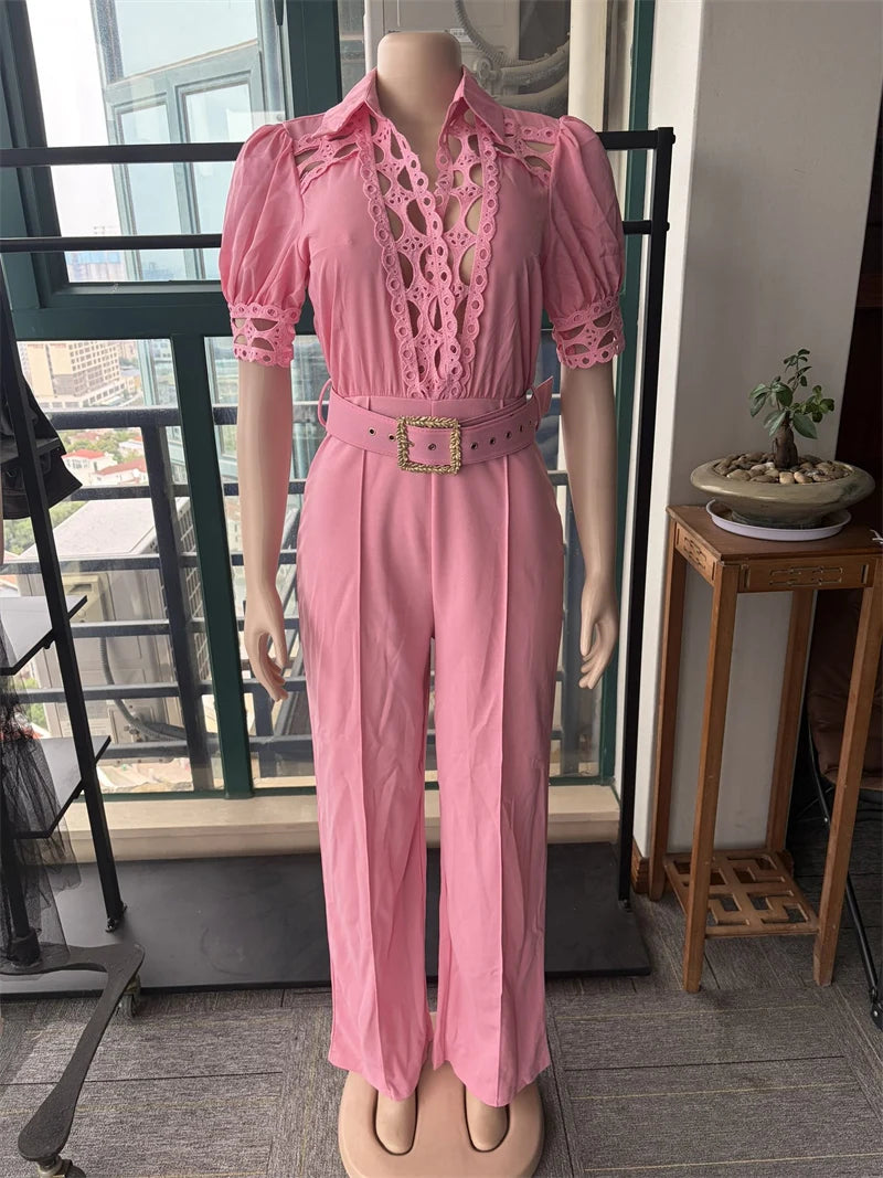Doyerl Elegant Vintage Hollow Out Rompers Women Jumpsuit Party Club High Waist One Piece Wide Leg Overalls with Belt Combinaison