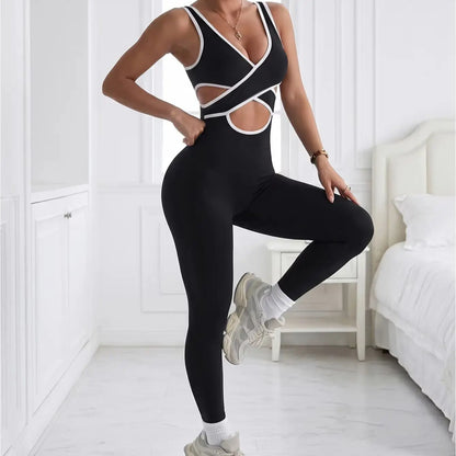 Women Criss Cross Cutout Contrast Piping Workout Jumpsuit Sleeveless Sculpting Yoga Bodysuit