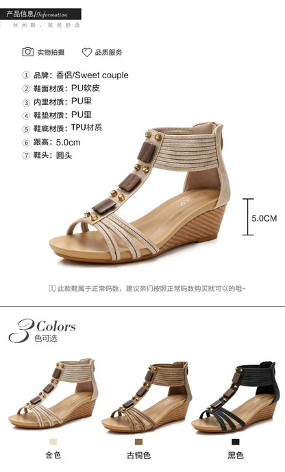 High quality leather flat sandals for women 5cm mid heel with beading summer 2026 36 42 open toe casual vintage shoe black beige