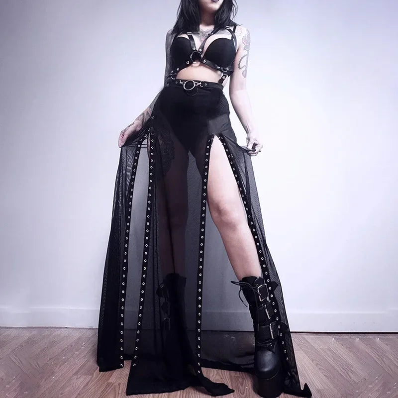 Goth Mesh Perspective Side Slit Skirt Lace Up Dark Punk Gothic Faldas Feminino Thin Summer Aesthetical
