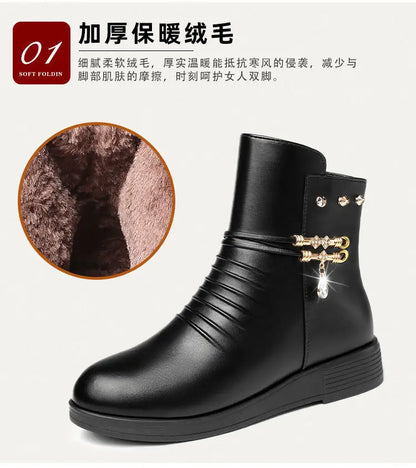 Leather Women Boots 2024 Winter Thick Wool Lined Genuine Leather Women Snow Boots Large Size Women Winter Shoes